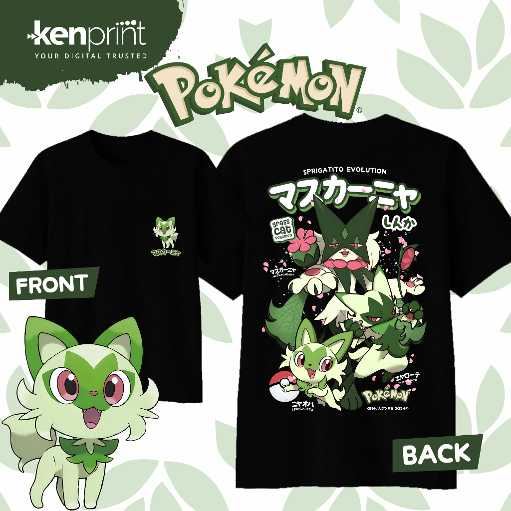 Street Fashion Anime - Anime Pokémon Sprigatito Evolution Cotton T-shirt