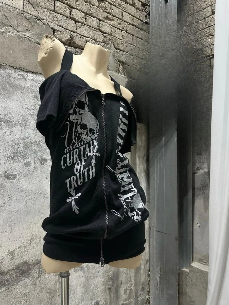 Street Fashion Zip Up Hoodie - Gothic Black Y2K Subculture Skull Print
