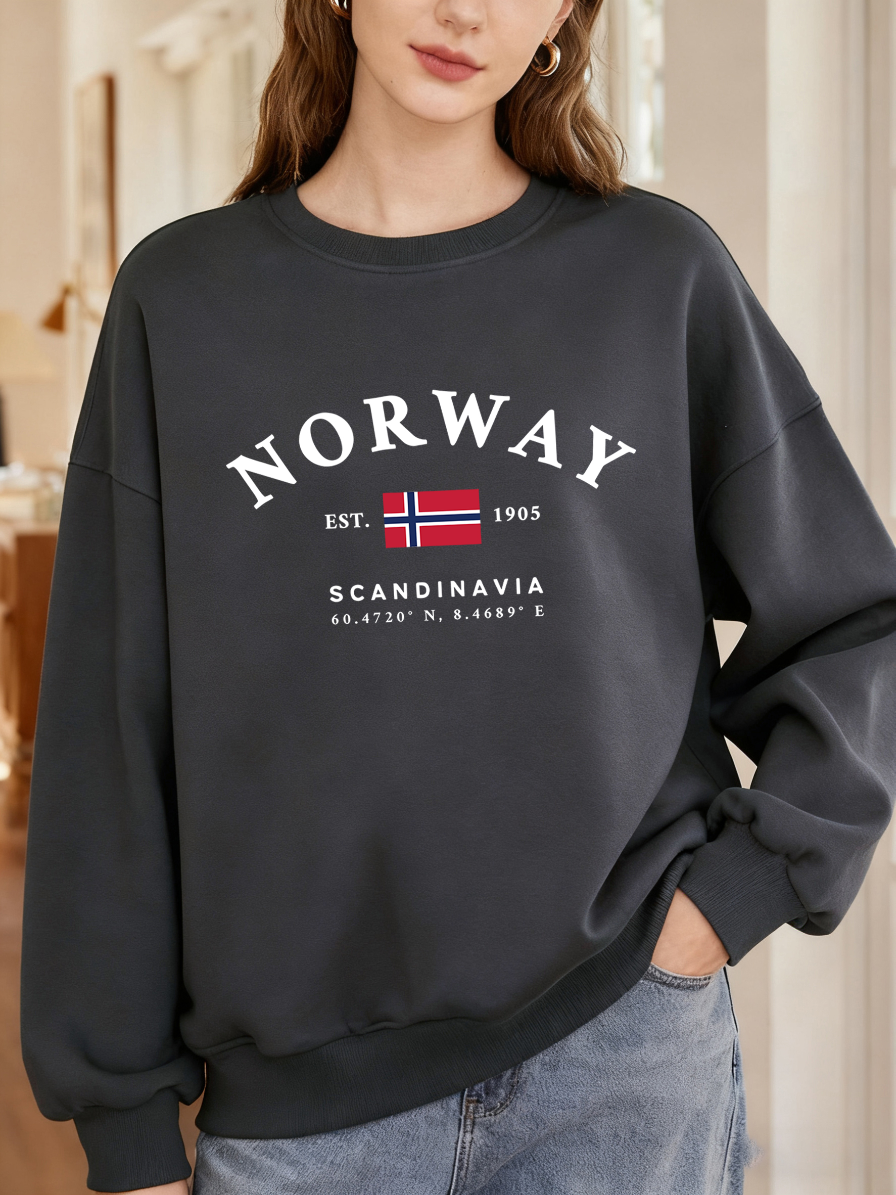 Oversized Crewneck Fleece - Norway Sandinavia Letter And Flag Design