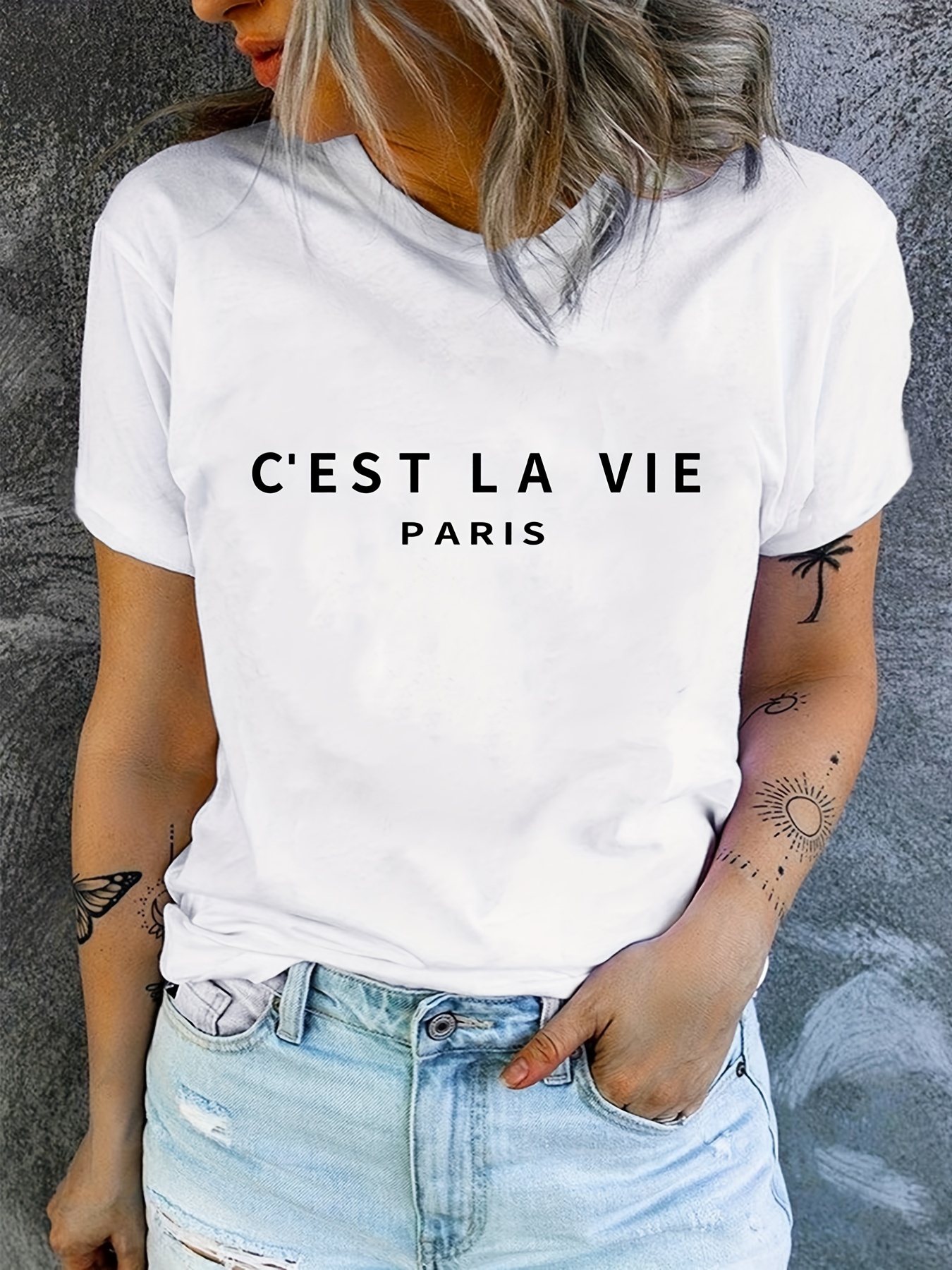 Street Fashion In Paris - Paris Print Crew Neck T-shirt, Casual