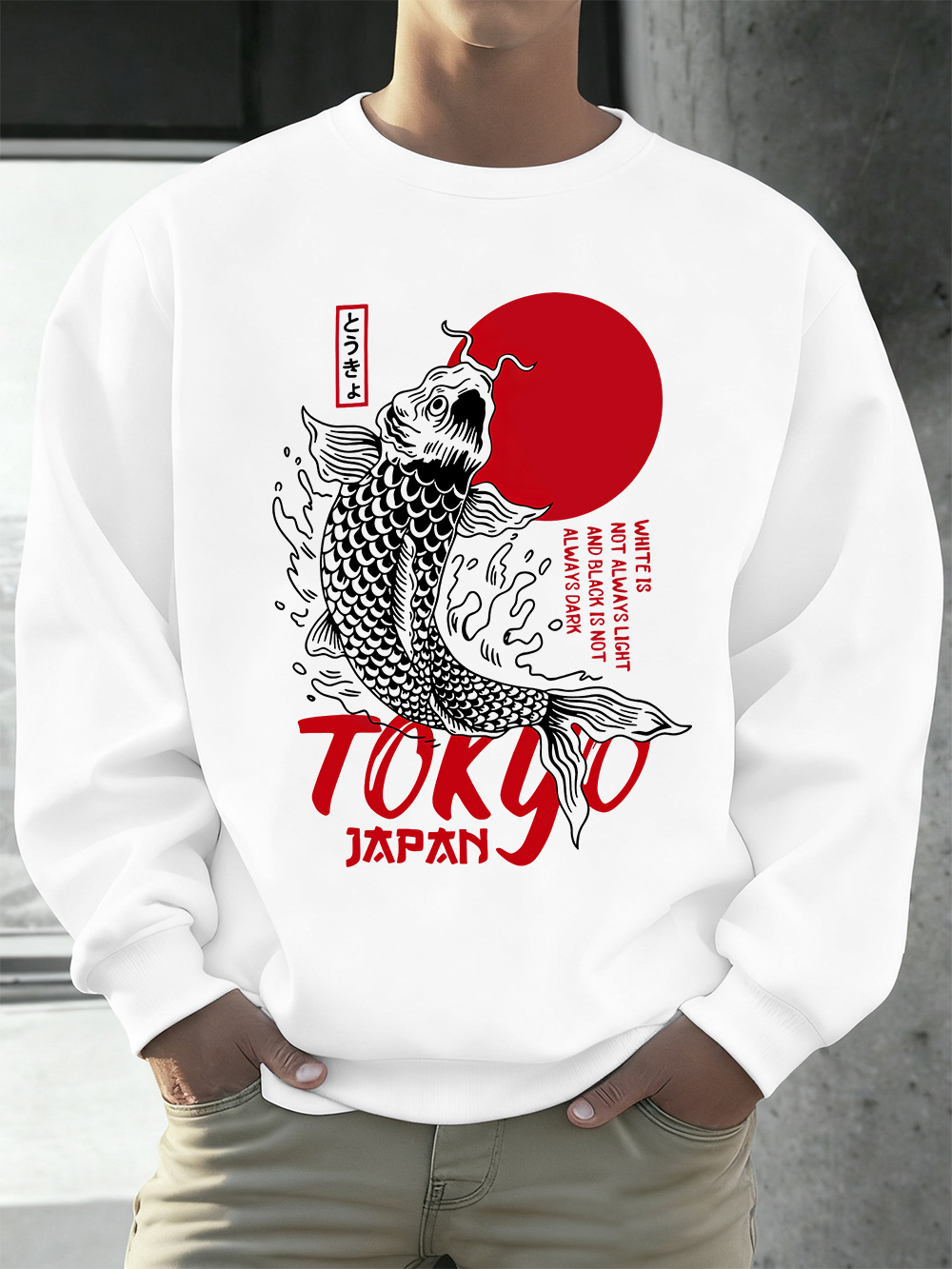 Oversized Crewneck Fleece - Tokyo Japan Koi Printing Mens Hoodies