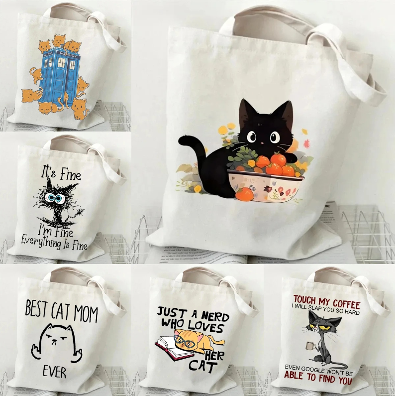 Tote Bag Canvas Print - Cat and Book Canvas Handbag Ladies'