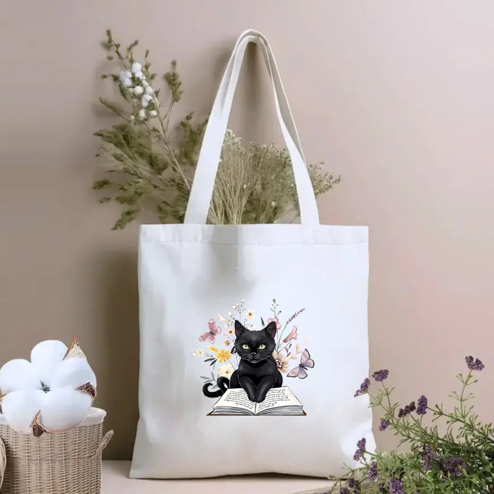 Tote Bag Canvas Print - Black Cat with Bowl of Oranges