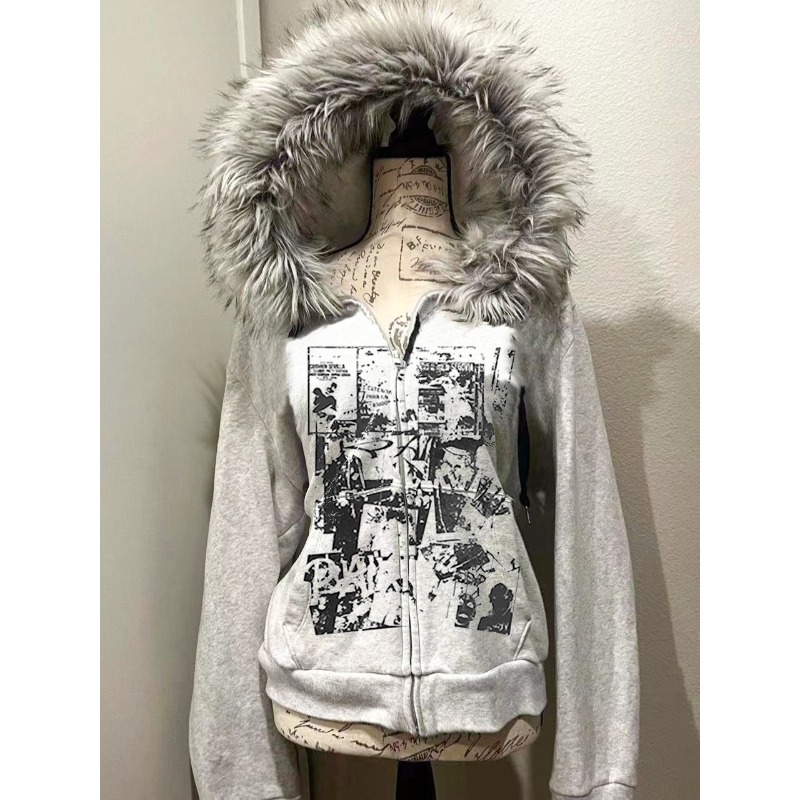 Grey Faux Fur Wool Double Zipp - Street Fashion Zip Up Hoodie บทวิจารณ์และราคา