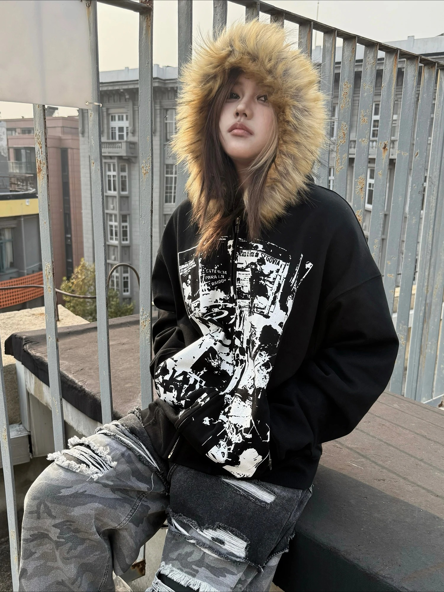 Grey Faux Fur Wool Double Zipp - Street Fashion Zip Up Hoodie บทวิจารณ์และราคา