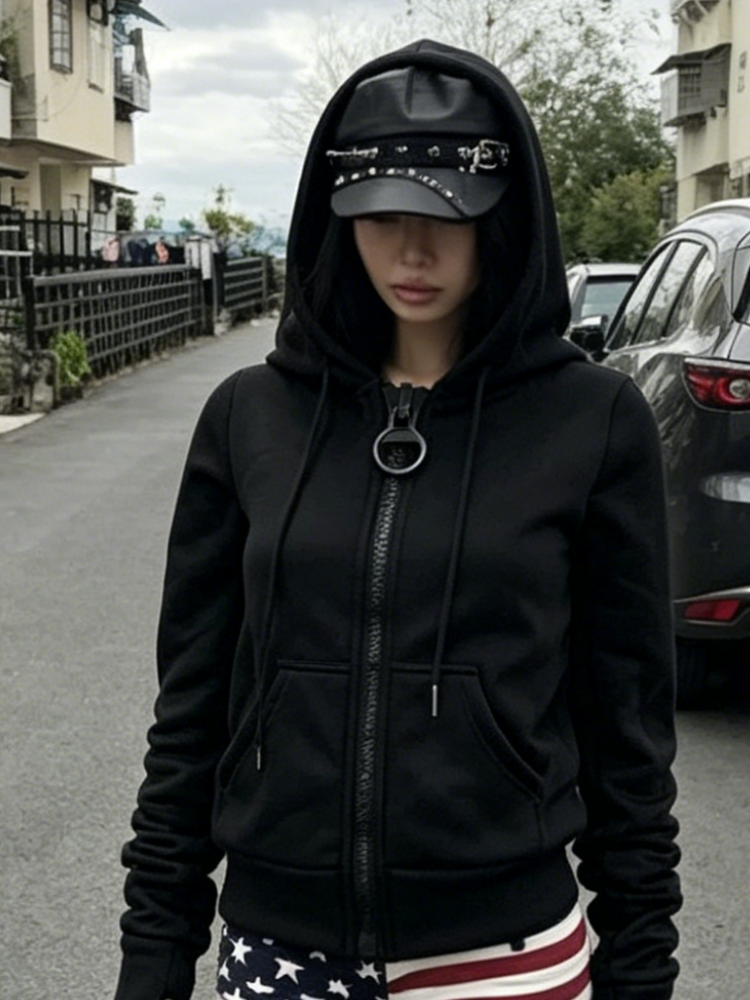 Retro Y2K Black Slim Fit Cropp - Street Fashion Zip Up Hoodie บทวิจารณ์และราคา