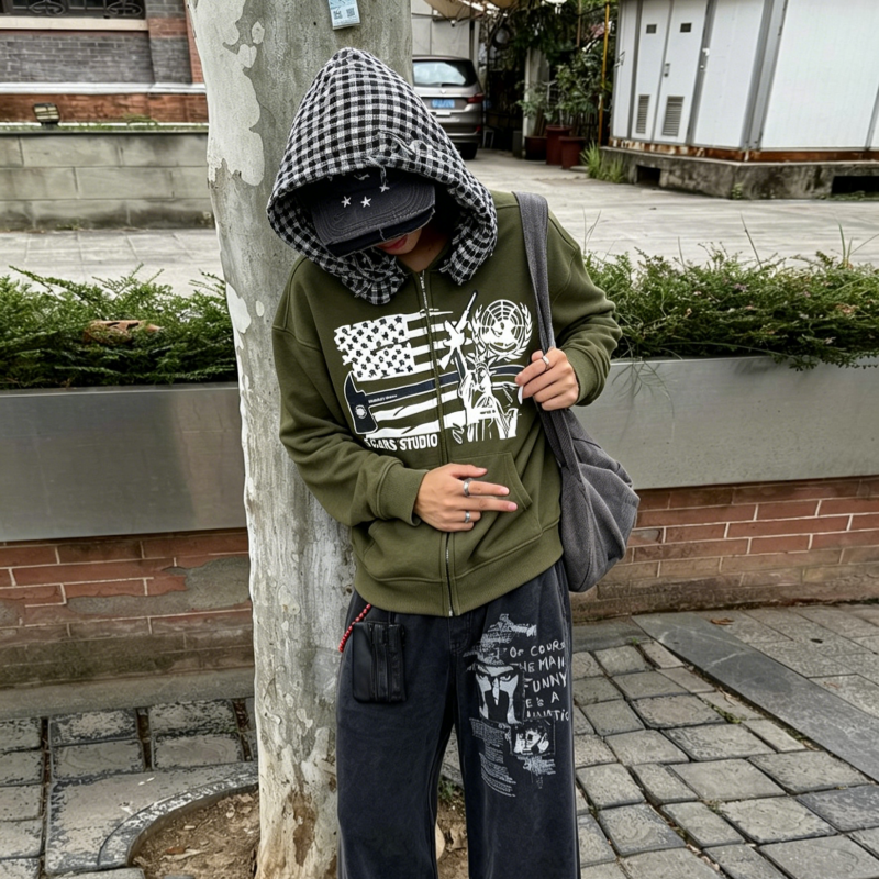 Cross border new zipper retro  - Street Fashion Zip Up Hoodie บทวิจารณ์และราคา
