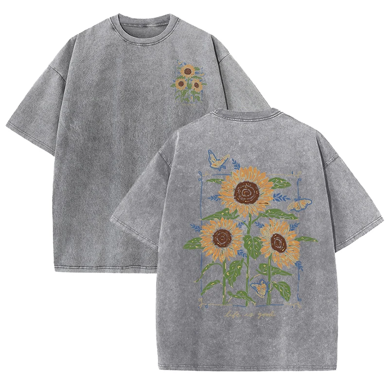 sunflower print washed T-shirt - Street Fashion Shanghai บทวิจารณ์และราคา