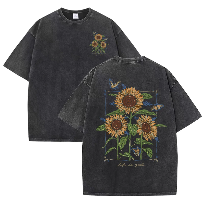 sunflower print washed T-shirt - Street Fashion Shanghai บทวิจารณ์และราคา