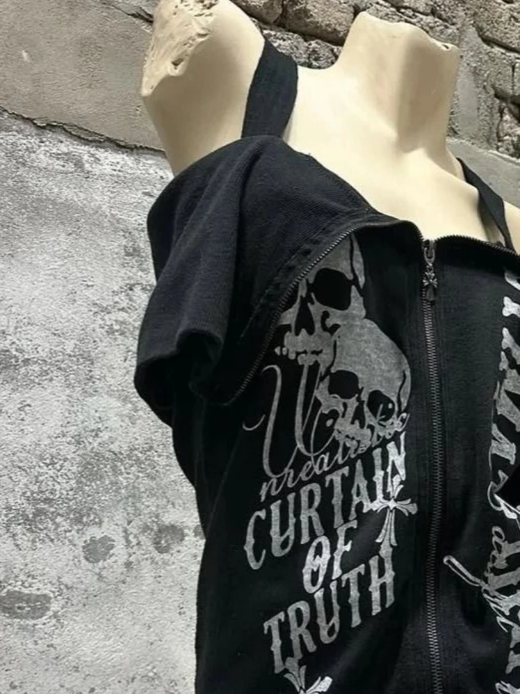 Gothic Black Y2K Subculture Sk - Street Fashion Zip Up Hoodie บทวิจารณ์และราคา