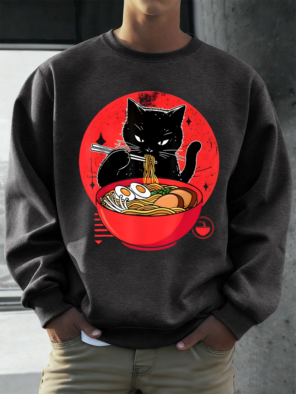 Cat Enjoy Lamian Noodles Print - Oversized Crewneck Fleece บทวิจารณ์และราคา