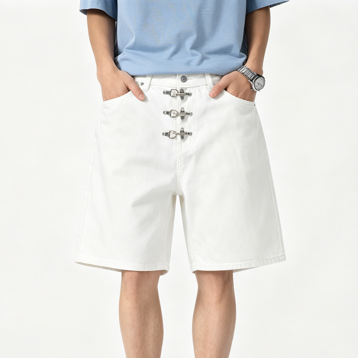 Metal Buckle Short Baggy Jeans - Street Fashion Baggy บทวิจารณ์และราคา