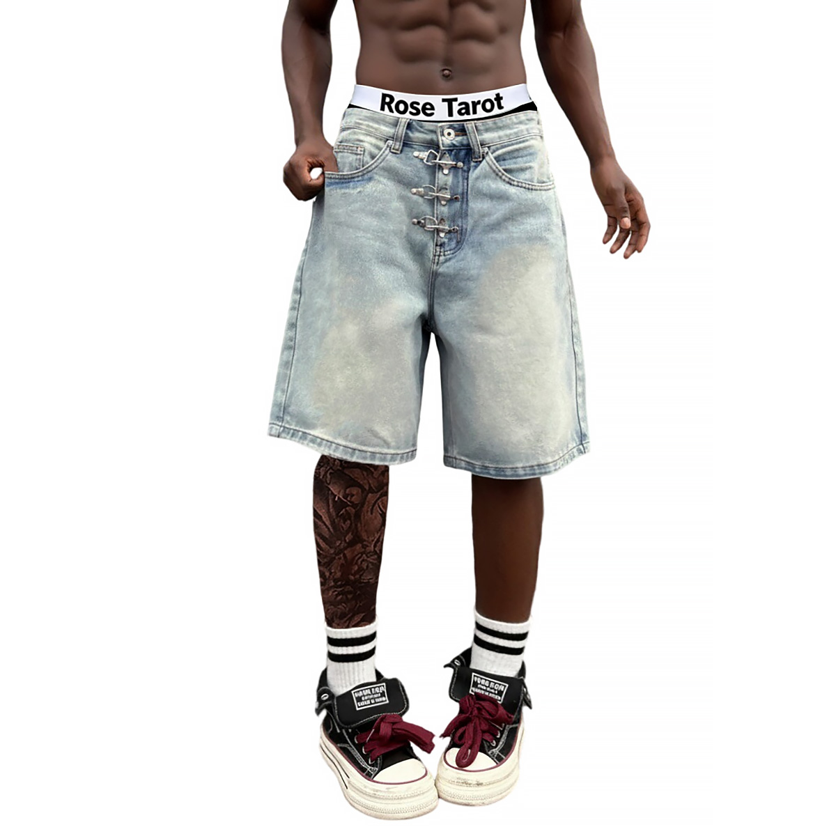 Metal Buckle Short Baggy Jeans - Street Fashion Baggy บทวิจารณ์และราคา