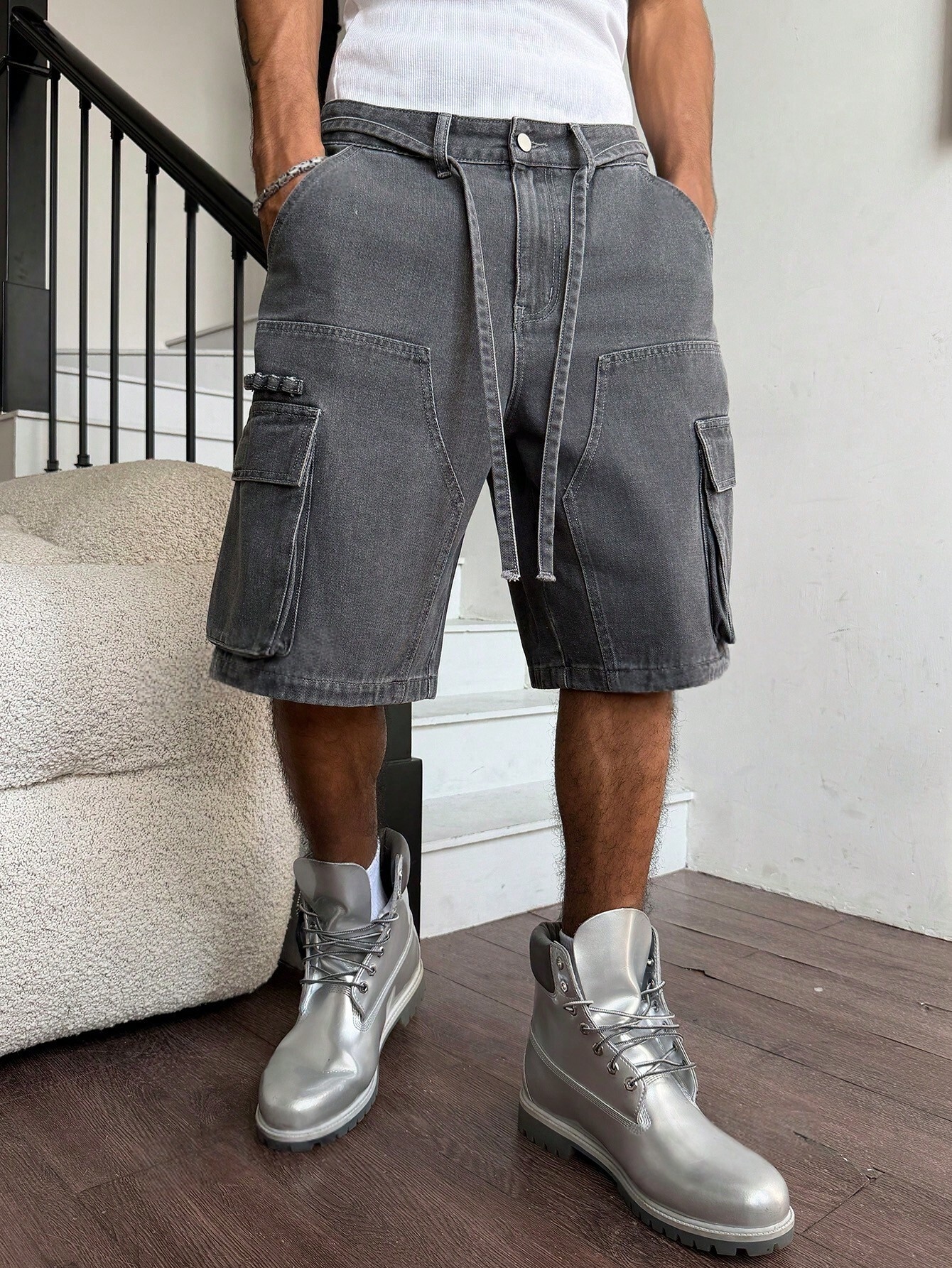 Men Grey Washed Cargo Denim Sh - Street Fashion Baggy บทวิจารณ์และราคา