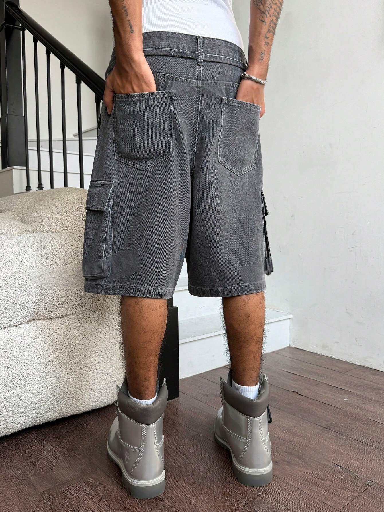 Men Grey Washed Cargo Denim Sh - Street Fashion Baggy บทวิจารณ์และราคา