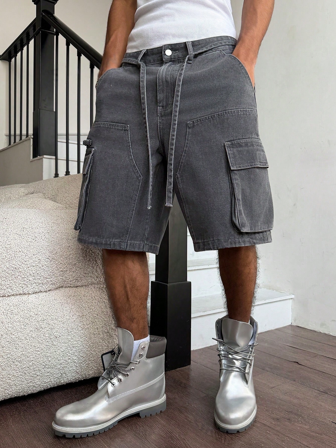 Men Grey Washed Cargo Denim Sh - Street Fashion Baggy บทวิจารณ์และราคา
