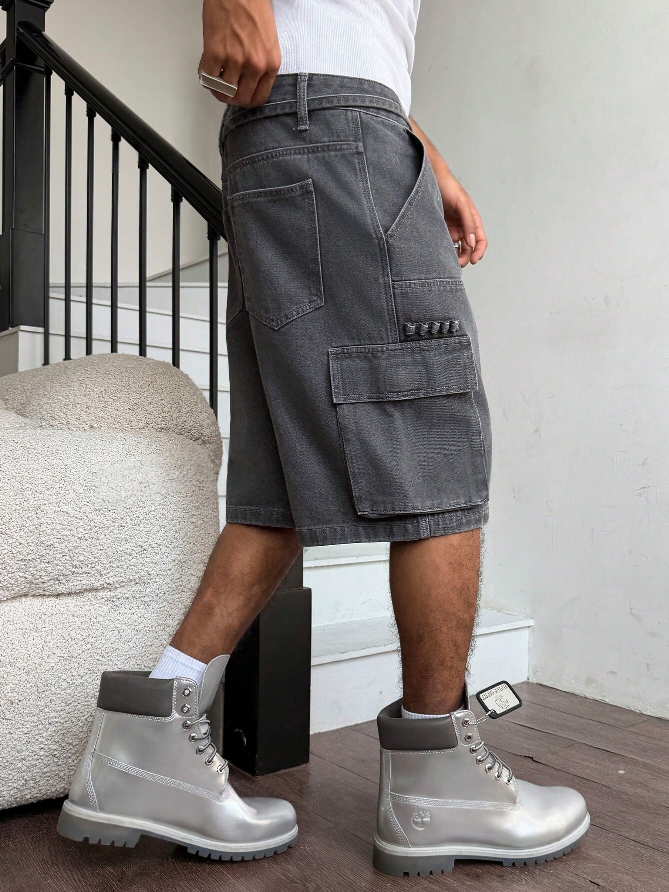 Men Grey Washed Cargo Denim Sh - Street Fashion Baggy บทวิจารณ์และราคา