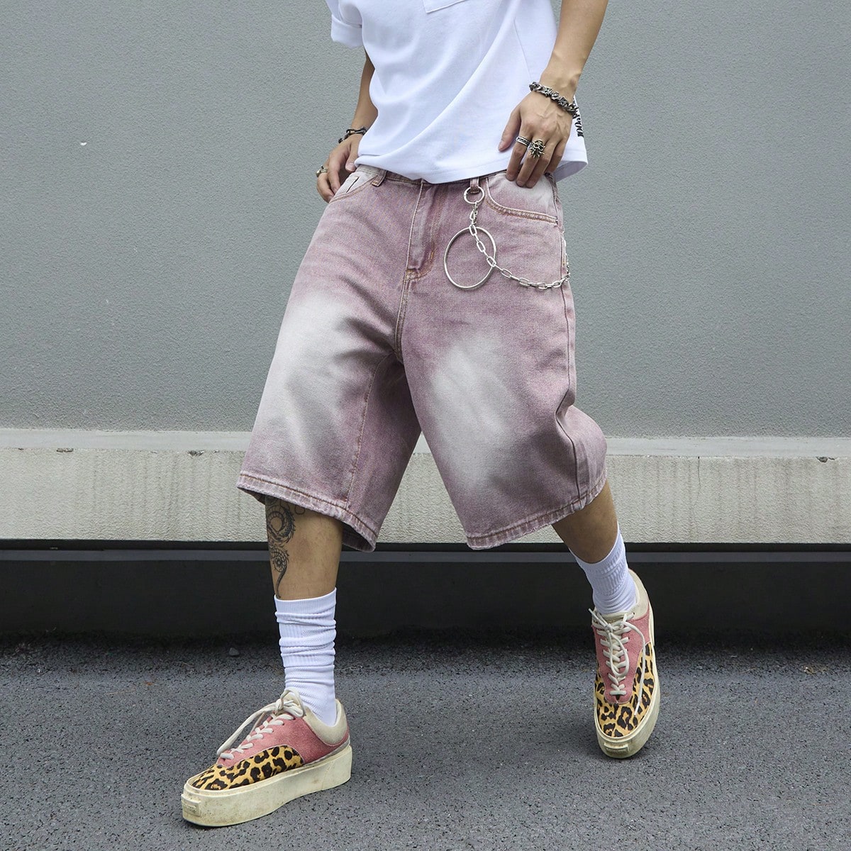 Men's Pink Gradient Denim Shor - Street Fashion Baggy บทวิจารณ์และราคา