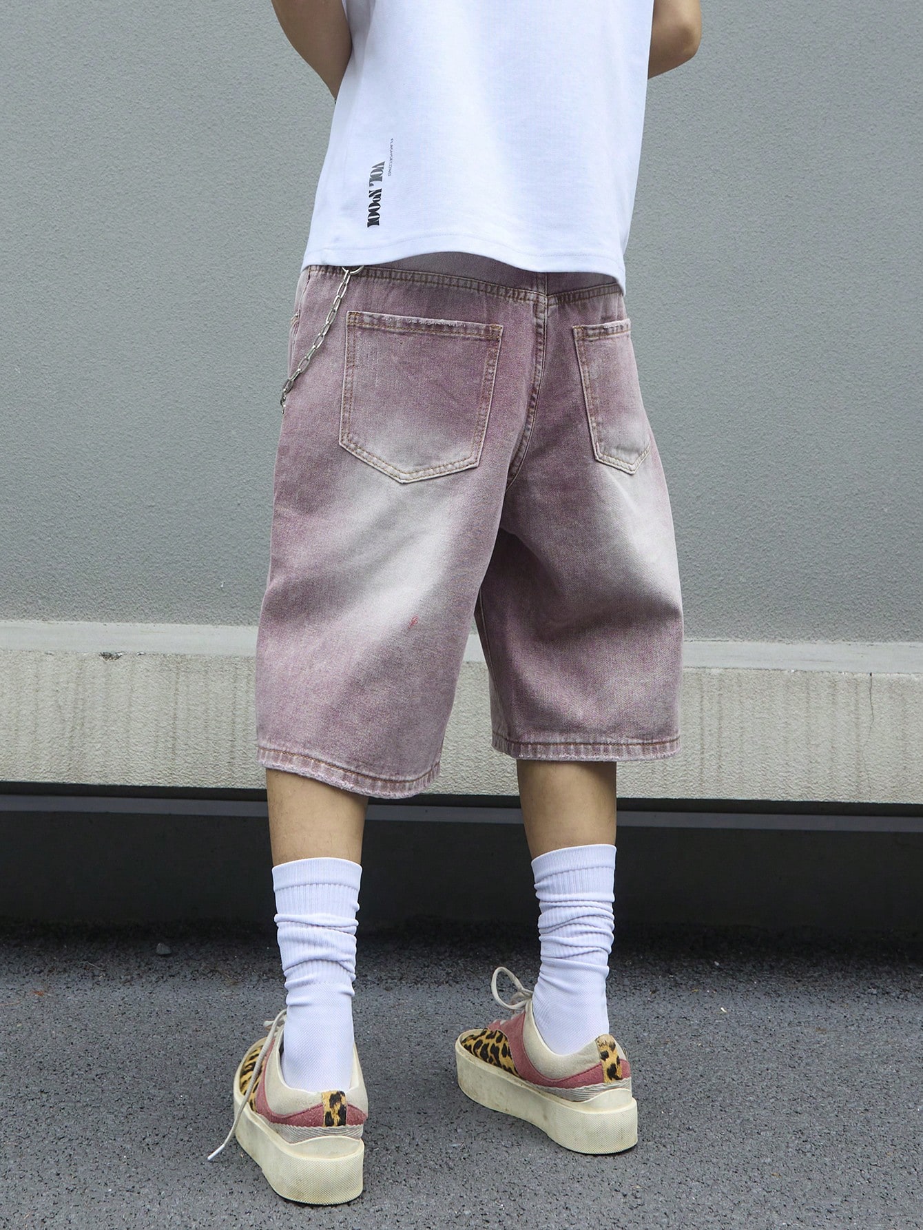 Men's Pink Gradient Denim Shor - Street Fashion Baggy บทวิจารณ์และราคา