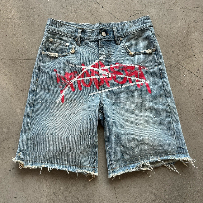Y2K Graffiti Jorts Rhinestone  - Street Fashion Baggy บทวิจารณ์และราคา