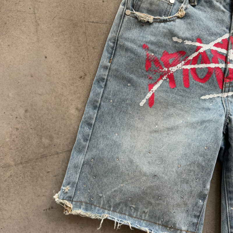 Y2K Graffiti Jorts Rhinestone  - Street Fashion Baggy บทวิจารณ์และราคา