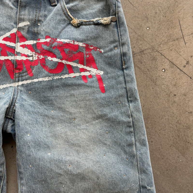 Y2K Graffiti Jorts Rhinestone  - Street Fashion Baggy บทวิจารณ์และราคา