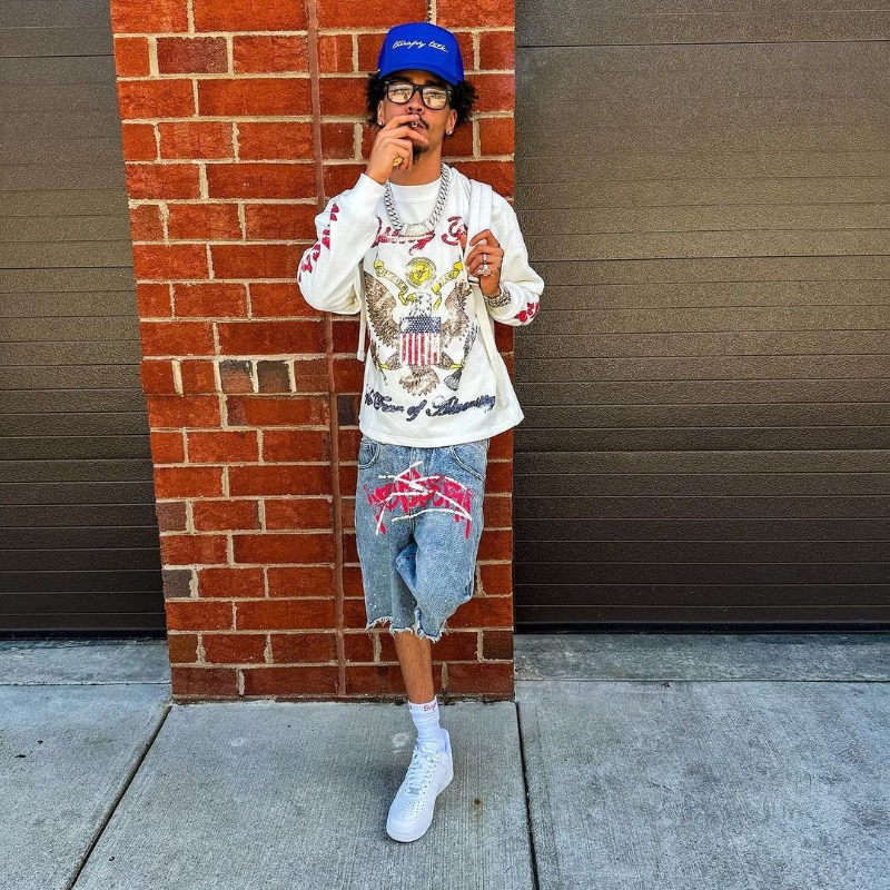 Y2K Graffiti Jorts Rhinestone  - Street Fashion Baggy บทวิจารณ์และราคา