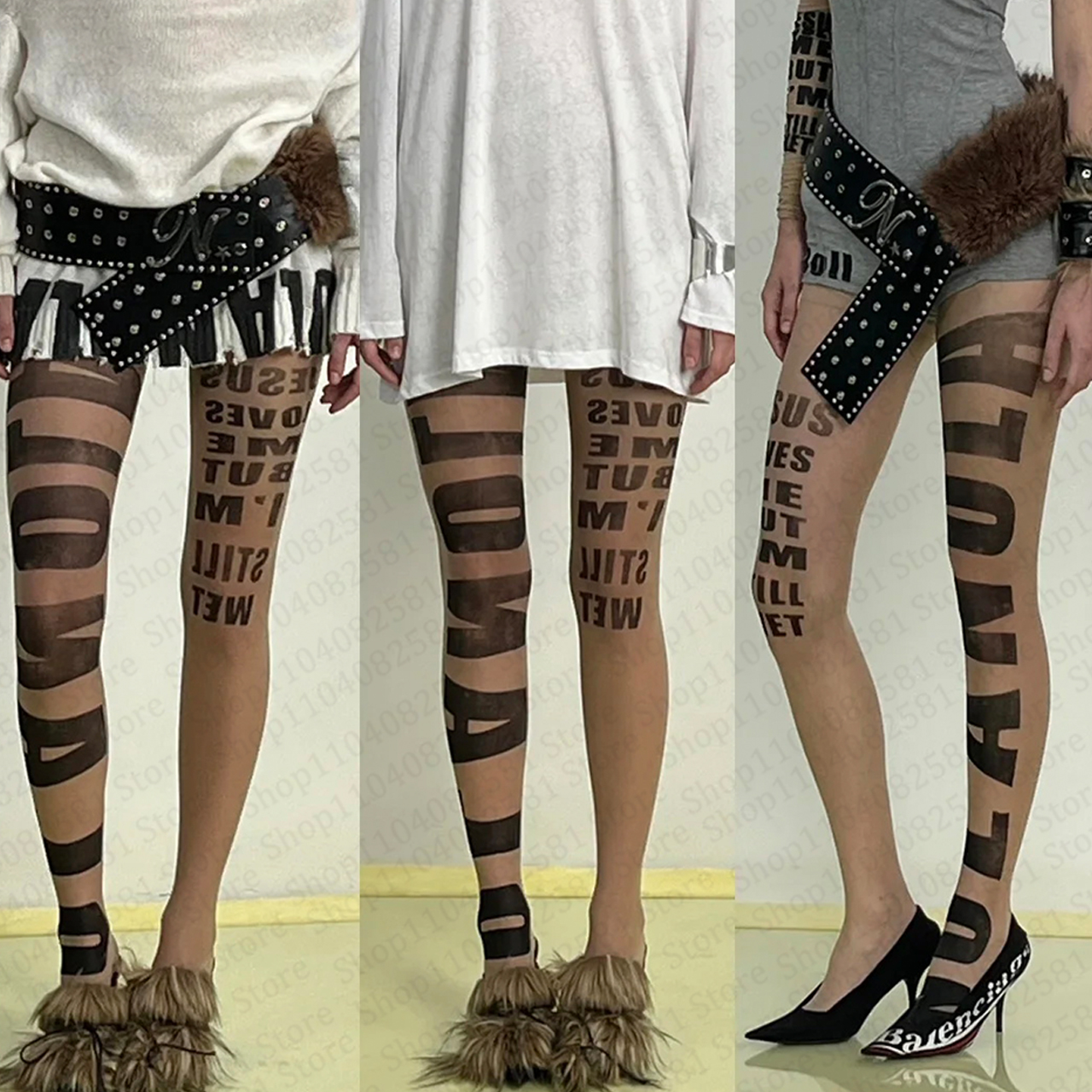 Gothic letter printed pantyhos - Street Fashion Graffiti บทวิจารณ์และราคา