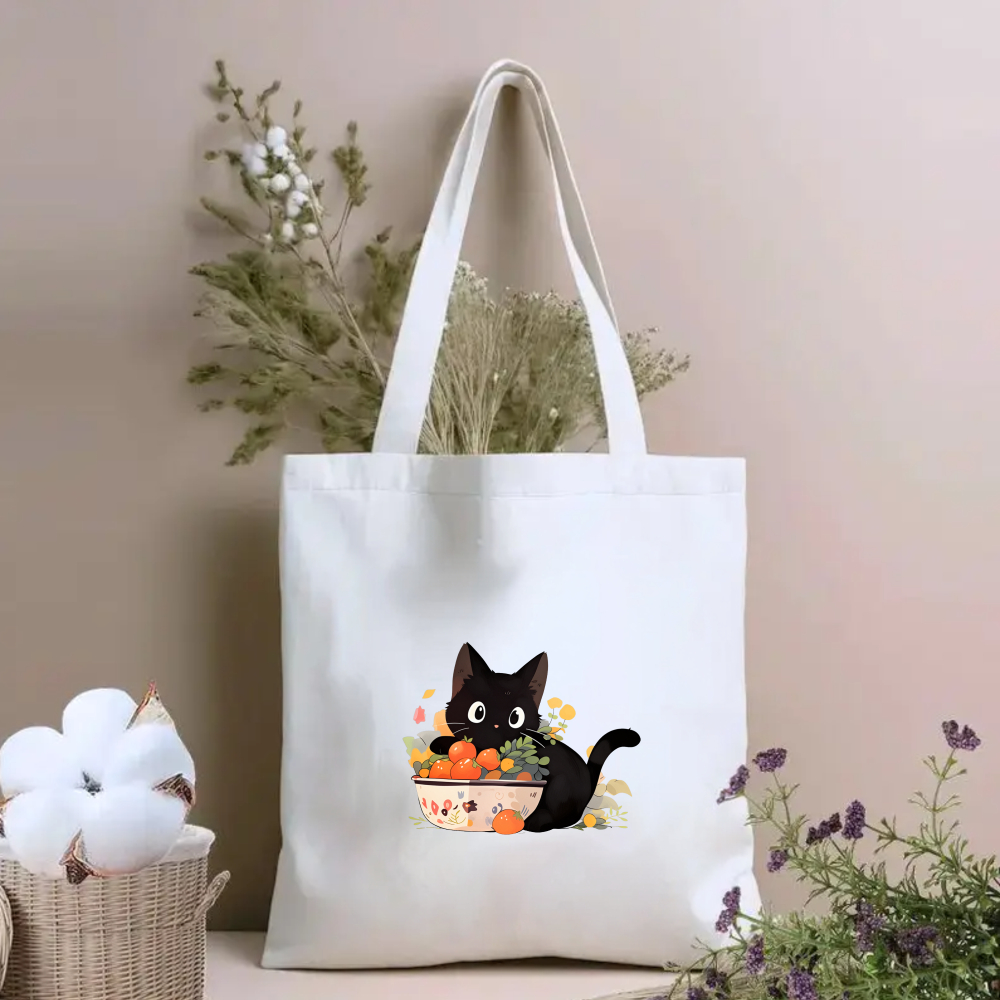 Black Cat with Bowl of Oranges - Tote Bag Canvas Print บทวิจารณ์และราคา